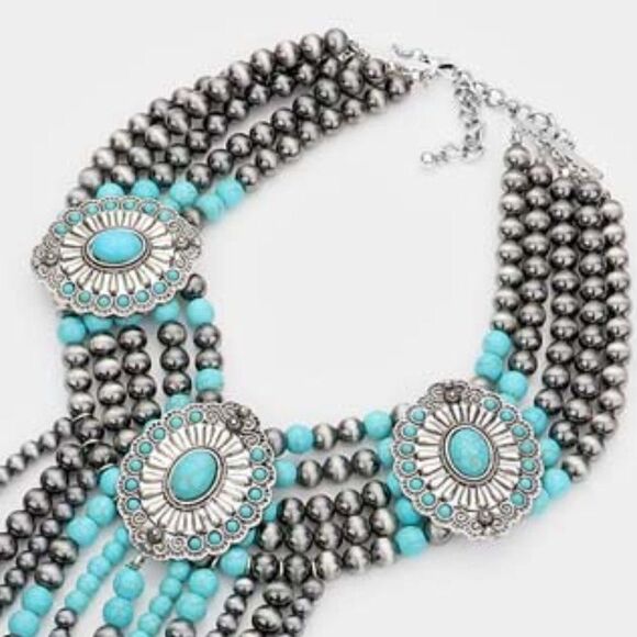 Squash Blossom Natural Stone Accented Layered Fringe Bib Necklace Set - Picture 3 of 10